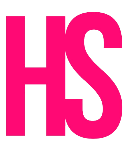 O logotipo apresentado traz as letras “HS” em fonte maiúscula, espessa e com coloração rosa vibrante. A proximidade entre as letras cria uma composição compacta e marcante, transmitindo uma identidade visual ousada e contemporânea, com foco em destaque e estilo.