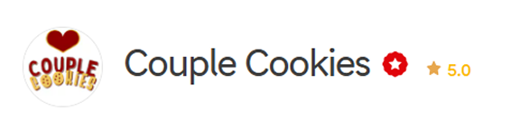 A imagem apresenta a marca 'Couple Cookies' com seu logotipo e destaca sua alta avaliação, reforçada pelo selo de 'Super Restaurante' do iFood e uma pontuação de 5.0 estrelas.